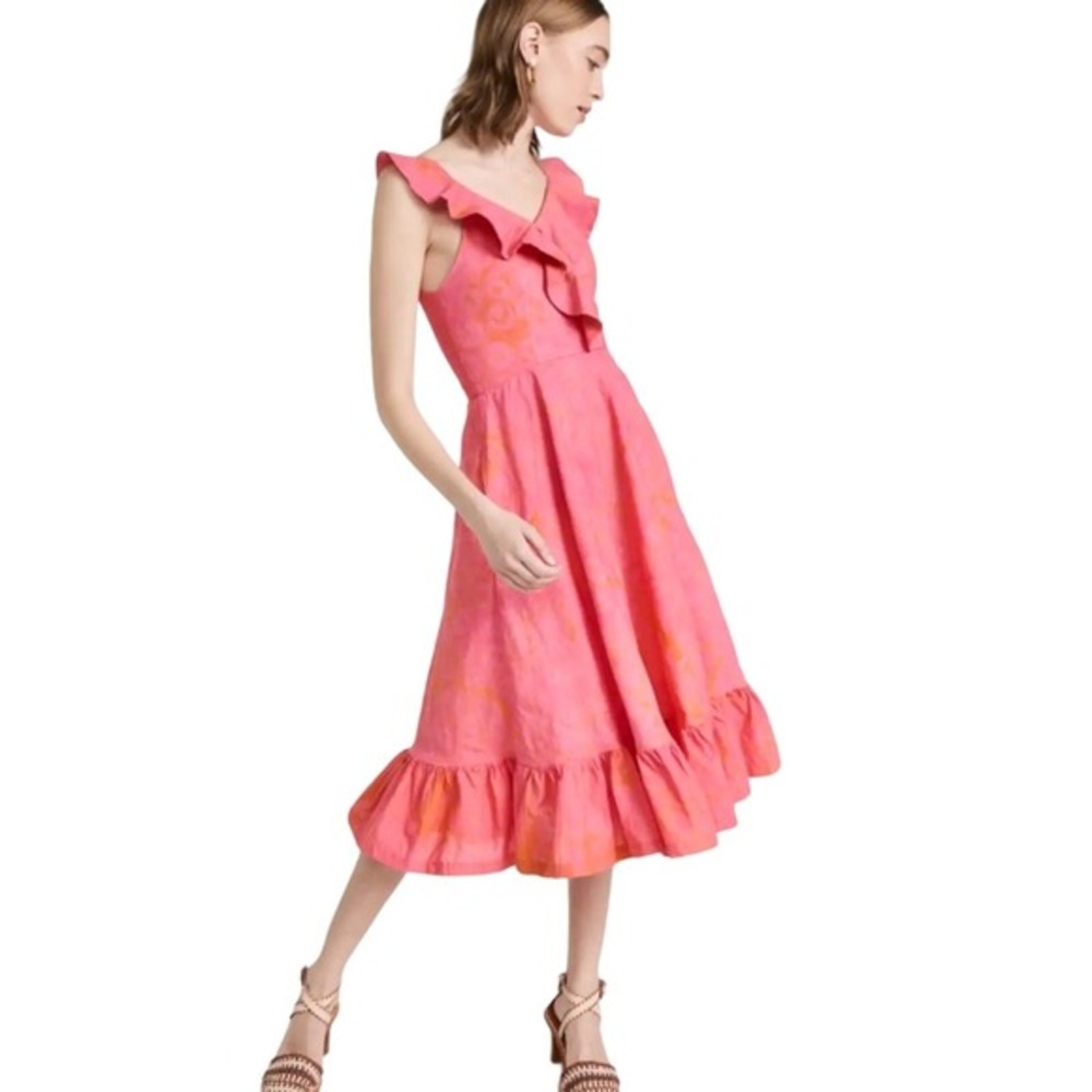 SIKA v-neck midi‎ dress cotton pink ruffle hem new small